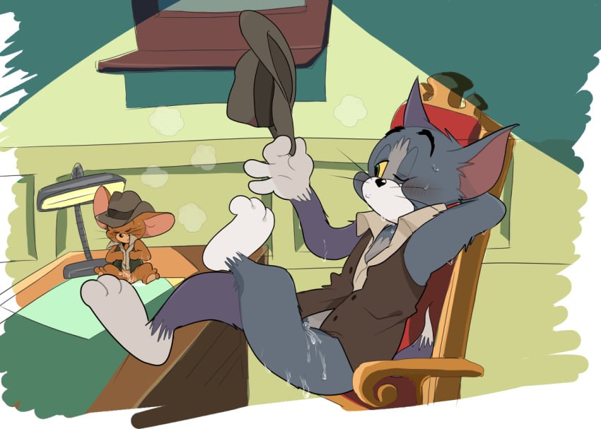 2boys after_sex ambiguous_gender anthro atori blush clothed clothing cum detective duo feline fur hat jacket jerry_mouse mammal mouse rodent size_difference sweat tom_and_jerry tom_cat