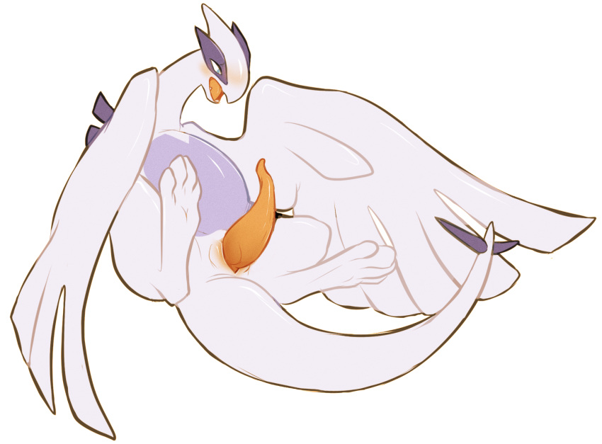 animal_genitalia avian blush cloaca erection feathered_wings feathers hoot legendary_pokemon looking_at_penis lugia nintendo open_mouth penis pokemon pokemon_(species) simple_background spread_legs spreading tapering_penis video_games white_background wings