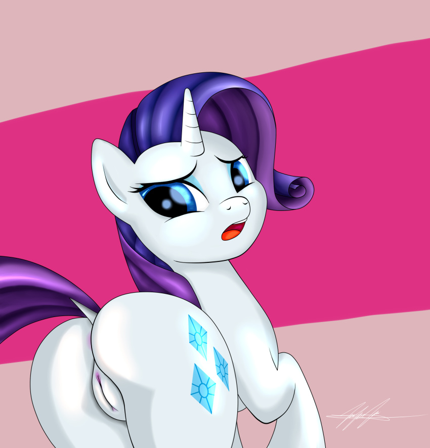 2015 ass blue_eyes cutie_mark dock equine eyeshadow female feral friendship_is_magic hair hi_res horn long_hair looking_back makeup mammal my_little_pony open_mouth purple_hair pussy rainingskys rarity_(mlp) solo unicorn