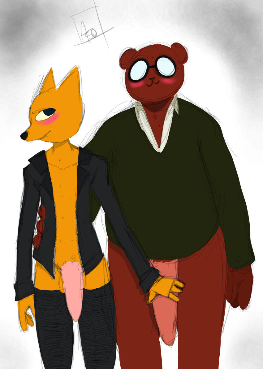 angus_(nitw) asomium bear blush canine clothing fox girly gregg_(nitw) legwear male mammal night_in_the_woods penis simple_background thigh_highs yaoi