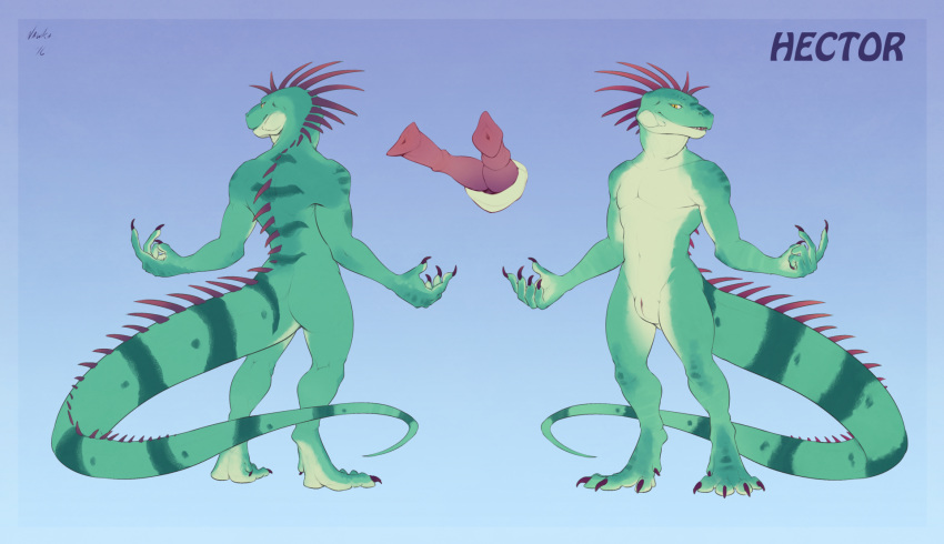 2016 animal_genitalia animal_penis anthro anthro_only athletic athletic_male claws crotch_shot digitigrade diphallia diphallism erection front_view full-length_portrait furry genital_slit green_scales hector_(nawka) hemipenes iguana lizard male model_sheet multi_penis multicolored_scales multiple_angles muscular muscular_male nawka no_humans nude penis portrait rear_view reptile scales scalie slit smile solo spines standing tan_scales two_tone_scales yellow_eyes