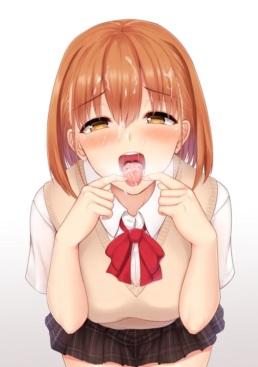 absurdres bangs blouse blush brown_hair eyebrows_visible_through_hair facial female hair_between_eyes half-closed_eyes heart highres looking_at_viewer open_mouth original satosi school_uniform short_sleeves solo speech_bubble sweater_vest tongue tongue_out white_blouse yellow_eyes