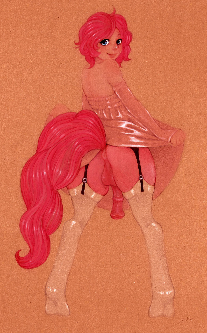 animal_genitalia animal_penis anus arm_warmers armwear backsack balls blue_eyes clothing dress equine_penis fuchs garter_straps girly hair horsecock legwear looking_back male penis pink_hair satyr smile solo standing stockings