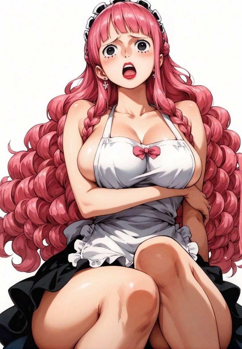 ai_generated alluring almost_naked almost_nude apron apron_only big_breasts black_eyes blush breasts circle_eyes curly_hair earring earrings female female_only lipstick long_hair one_piece perona pink_hair seducing seduction seductive seductive_body seductive_eyes seductive_gaze seductive_look seductive_mouth seductive_pose shiny_hair shiny_skin voluptuous voluptuous_female yashin