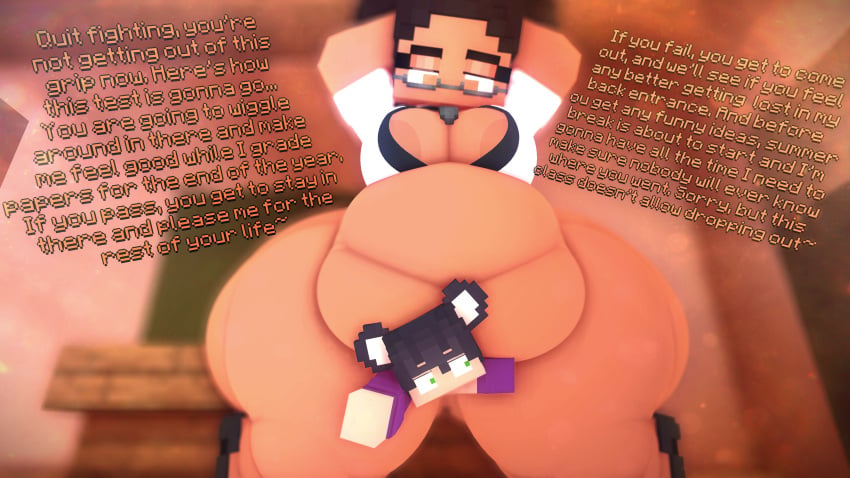 1boy 1girls afro_puffs big_belly big_breasts bottomless bra cappuccinodrinker classroom cleavage dark-skinned_female huge_ass imminent_vore livia_(cappuccinodrinker) milf minecraft mini_giantess obese sat_on sitting_on_desk size_difference stuck teacher teacher_and_student unbirthing vaginal_vore wide_hips