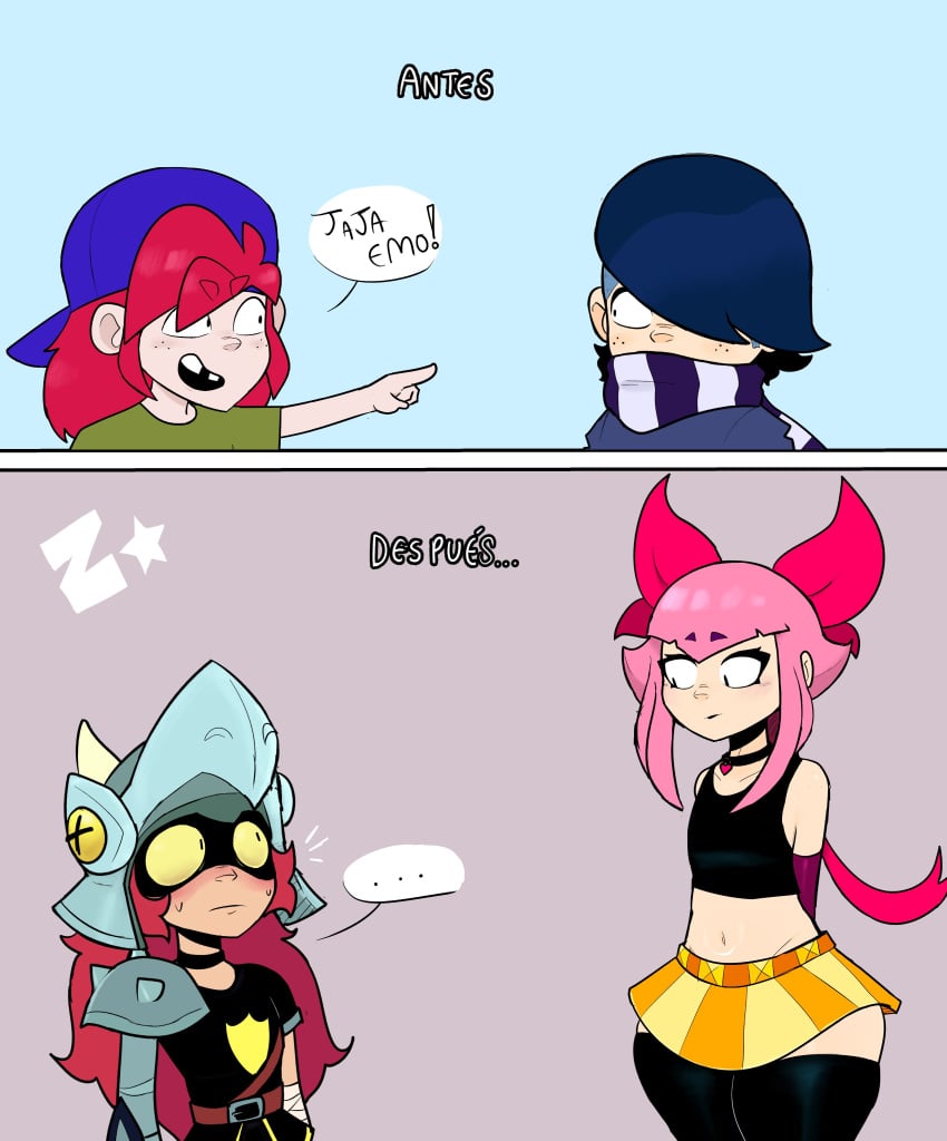 2boys black_hair black_stockings bow brawl_stars choker cosplay crop_top draco_(brawl_stars) edgar_(brawl_stars) femboy helmet kneesocks light-skinned_femboy light-skinned_male light_skin long_hair male male_only melodie_(brawl_stars) meme miniskirt missing_tooth pink_hair red_hair scarf short_hair spanish_text stockings supercell thick_thighs zivartx