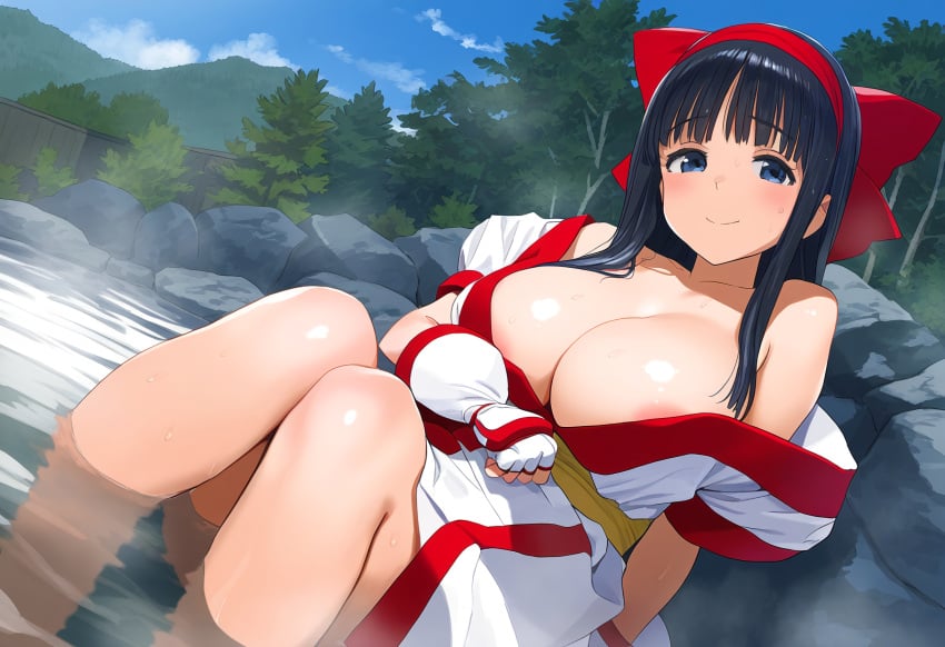 1girls ainu_clothes areola_slip areolae big_breasts black_hair blue_eyes blush breasts busty cleavage clothes_pull female female_only fingerless_gloves hair_ribbon hi_res king_of_fighters long_hair looking_at_viewer nakoruru no_bra onsen samurai_shodown sitting smile snk voluptuous water