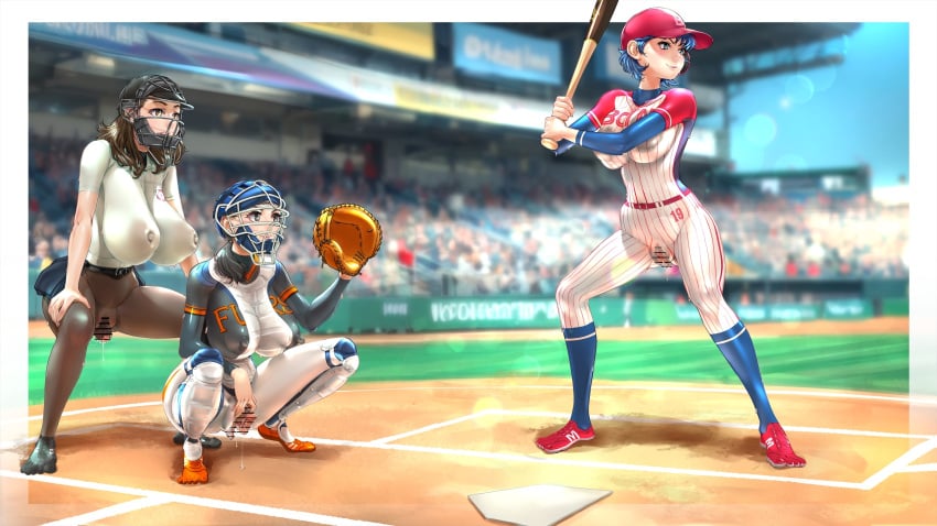 3girls areolae ass athletic_female baseball baseball_(ball) baseball_(sport) baseball_bat baseball_cap baseball_glove baseball_hat baseball_helmet baseball_uniform big_ass big_breasts big_nipples black_eyes black_hair blue_eyes blue_hair breasts brown_eyes brown_hair casual casual_exposure casual_nudity chichimaro clit clitoris completely_nude completely_nude_female false_clothes feet female_only full_body huge_breasts navel nipples nude nude_female painted_clothes public public_exposure public_nudity pussy pussy_juice pussy_juice_drip sport sports sports_uniform spread_legs spreading_legs stadium stadium_background thick_breasts thick_thighs thighs