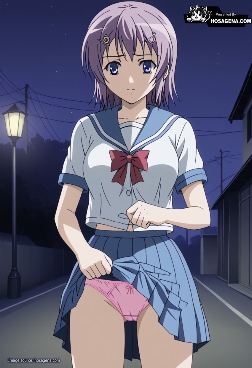 ai_generated blue_eyes blue_skirt bow breasts clothes_lift clothes_pull clothing female female hair_ornament hairclip ichinose_anna looking_at_viewer medium_breasts night pantsu pink_panties pleated_skirt purple_hair ran_sem sailor_collar school_uniform serafuku shirt short_hair short_sleeves skirt skirt_lift skirt_pull sky solo standing underwear uniform