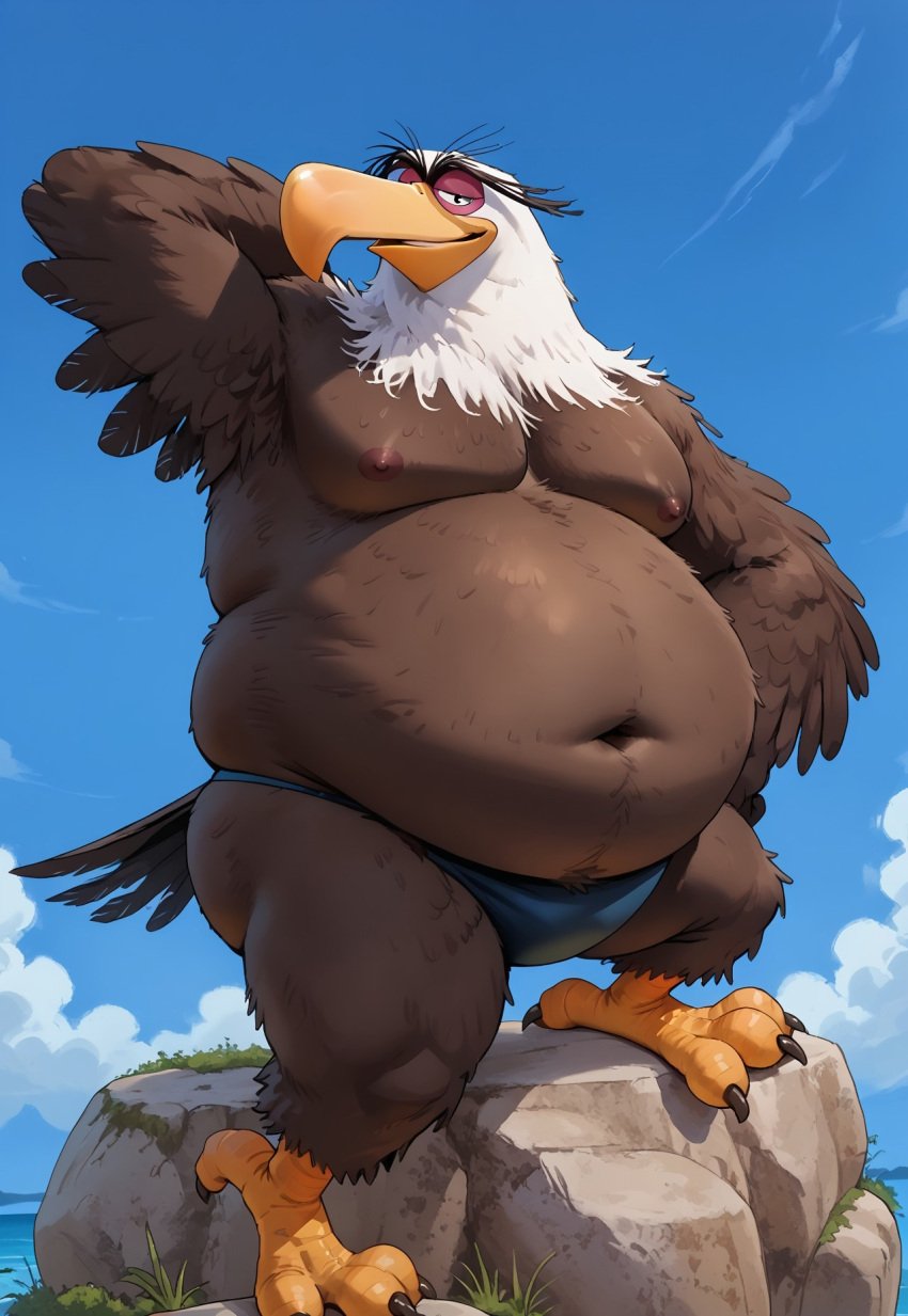 accipitrid accipitriform ai_generated angry_birds anthro arms_behind_head ass avian bald_eagle beak big_belly bodily_fluids brown_feathers bulge civitai claws cloud columbia_pictures detailed_eyes eagle eyebrows fat fat_belly front_view furry genitals hi_res horny horny_male looking_at_viewer male male_only mighty_eagle navel nipples obese obese_male overweight overweight_male pupils rovio rovio_animation rovio_entertainment sea_eagle sega sex sky smile smiling_at_viewer solo sony sunny swimsuit tail tail_feathers talons the_angry_birds_movie thong two-tone_body two_tone_feathers unibrow white_feathers white_hair yellow_beak yellow_feet