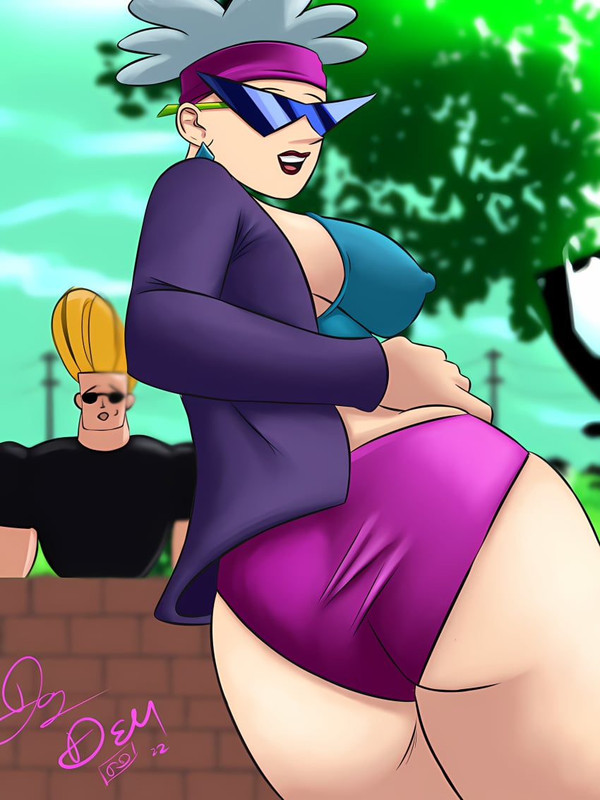 1boy 1girl ass ass_focus bad_art bandana being_watched bunny_bravo dazasterdellus gilf grey_hair hard_nipples johnny_bravo johnny_bravo_(series) lipstick looking_at_viewer looking_back_at_viewer mature_female mature_woman mother_and_son nipples panties people_in_background purple_panties sunglasses unsettling what