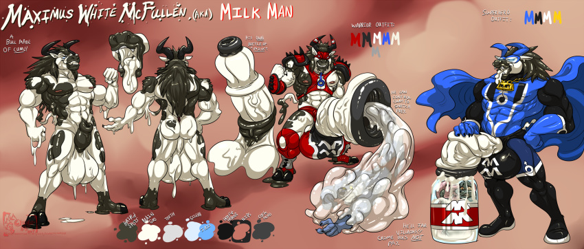 1boy 2017 abs animal_genitalia anthro big_penis big_testicles black_hair black_skin blue_eyes bodysuit bovine canine cape cattle clothing cock_vore erection goo grin hair hand_on_hip horn hungothenomster male male_only mammal mask medial_ring milk_man model_sheet muscular original_character penis rat rodent sharp_teeth sheath smile snout spots standing superhero tagme teeth testicles text tight_clothing tongue tongue_out vore watermark white_penis white_skin wolf wrestler wrestling_outfit