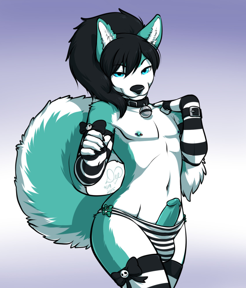 1boy 2015 5_fingers anthro armwear bedroom_eyes bell_collar black_hair black_nose blue_eyes bow canine clothed clothing collar crossdressing elbow_gloves erection fingerless_gloves front_view fur girly gloves goth gradient_background green_fur green_penis hair half-closed_eyes hi_res humanoid_penis kittydee legwear long_hair looking_at_viewer male male_only mammal multicolored_fur nipple_piercing nipples panties penis piercing poking_out ponytail portrait ribbons seductive simple_background skull smile solo standing stockings striped_armwear striped_legwear stripes teal_penis thigh_highs three-quarter_portrait topless two_tone_fur two_tone_tail underwear white_fur wide_hips zeke_fierceclaw