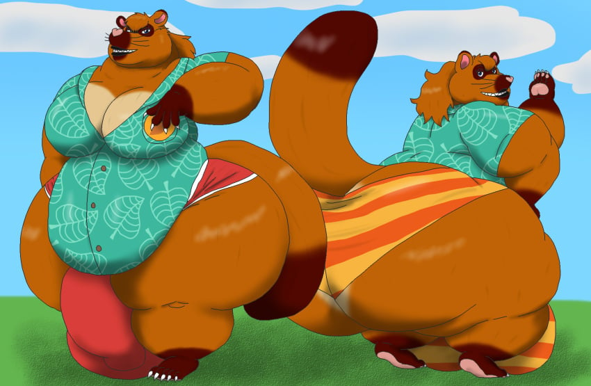 aged_up aloha_shirt alythewolfcat animal_crossing anthro ass belly big_belly big_breasts big_bulge big_butt bottomwear breasts bulge canid canine clothing detailed_bulge duo genital_outline gynomorph hi_res huge_belly huge_bulge huge_butt huge_thighs hyper hyper_bulge hyper_butt hyper_thighs intersex mammal nintendo pattern_clothing pattern_shirt pattern_topwear penis_outline pose raccoon_dog shirt shorts tanuki thick_thighs timmy_nook tommy_nook topwear