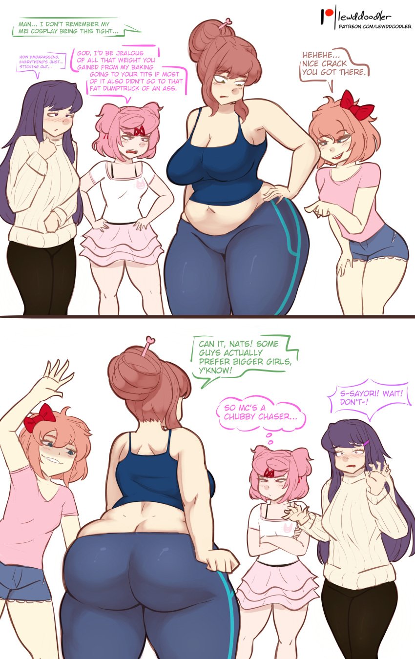 4girls ass big_ass big_breasts breasts bubble_butt chubby chubby_female clothing cosplay dat_ass dialogue doki_doki_literature_club fat_ass female female_only huge_ass large_ass lewddoodler mei_(overwatch)_(cosplay) monika_(doki_doki_literature_club) natsuki_(doki_doki_literature_club) orange_hair pink_hair png purple_hair sayori_(doki_doki_literature_club) size_talk text thick_ass thick_thighs wide_hips yuri_(doki_doki_literature_club)