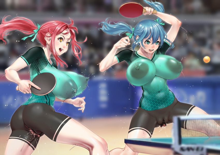 2girls abdomen anus areolae ass ass_visible_through_thighs big_ass big_breasts big_nipples blue_eyes blue_hair bodypaint breasts chichimaro clit clitoris false_clothes female_only lactating lactation moving navel nipples nude nude_female painted_clothes ping_pong ping_pong_ball ping_pong_paddle ping_pong_table ponytail public public_nudity pussy pussy_juice pussy_juice_drip red_hair ribbon_in_hair shaking_breasts stadium stadium_background sweat sweatdrop table_tennis table_tennis_ball table_tennis_paddle thick_thighs thighs twintails yellow_eyes