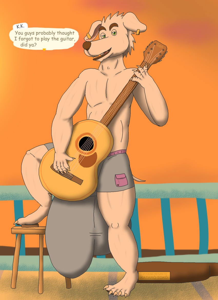 alythewolfcat animal_crossing anthro big_bulge bottomwear bulge canid canine canis clothing detailed_bulge domestic_dog ear_piercing ear_ring english_text eyewear genital_outline glasses guitar hi_res huge_bulge hyper hyper_bulge k.k._slider male mammal musical_instrument nintendo penis_outline piercing plucked_string_instrument ring_piercing solo string_instrument swimming_trunks swimwear text