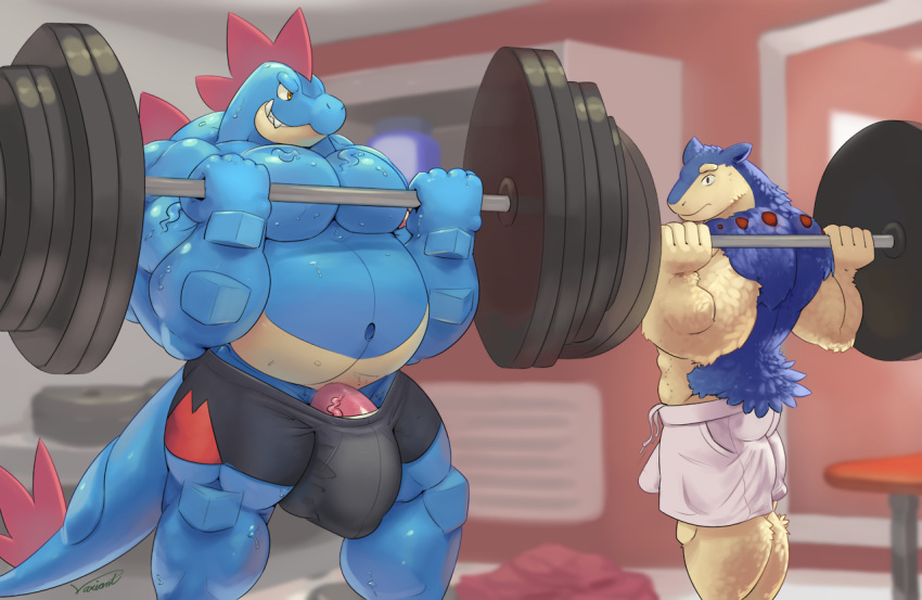 anthro bulge exercise feraligatr male male_only nintendo penis pokemon pokemon_(species) typhlosion video_games viridianvariant weightlifting workout