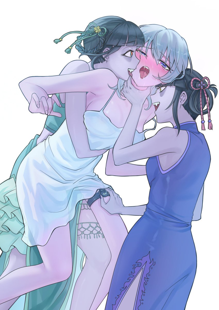 3girls absurdres bare_arms big_breasts black_hair blue_dress blush breasts china_dress chinese_clothes chinese_commentary commentary_request dress fff_threesome green_dress grey_hair group_sex highres large_breasts licking licking_another's_face multiple_girls muwei_(v0ptr) oerba_yun_fang open_mouth original remote_control_vibrator sex_toy side_slit simple_background smile strangling threesome tongue tongue_out vibrator vibrator_cord vibrator_in_thigh_strap white_background white_dress yuri