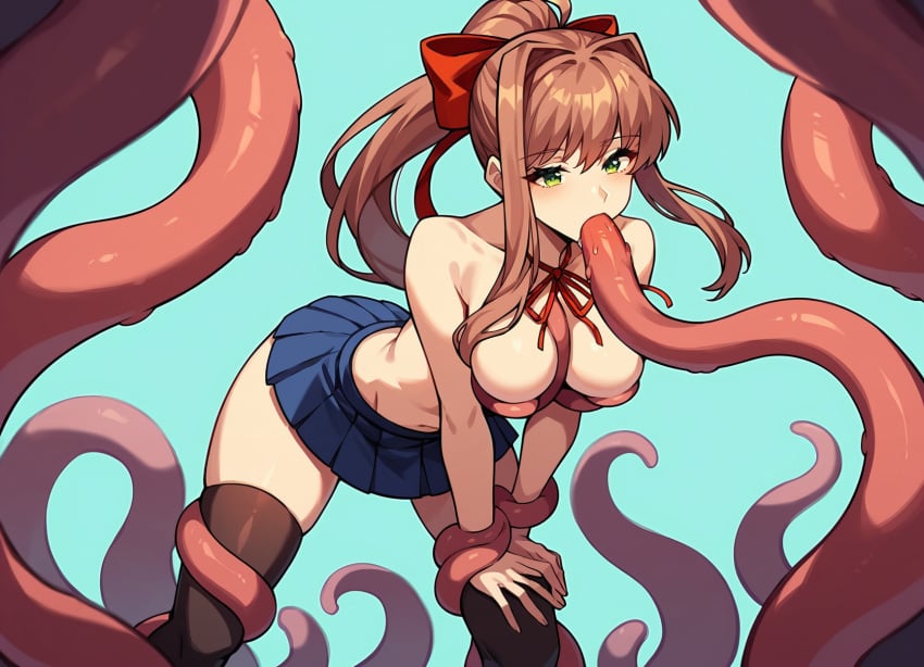 ai_generated black_thighhighs blue_skirt brown_hair doki_doki_literature_club green_eyes high_ponytail monika_(doki_doki_literature_club) restrained_by_tentacles tentacle tentacle_around_arm tentacle_around_nipple tentacle_blowjob tentacle_in_mouth