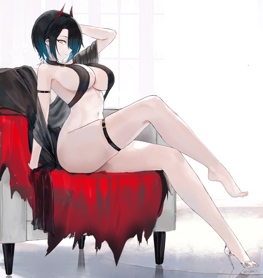 absurdres armchair azur_lane bare_shoulders barefoot black_hair breasts chair cleavage ear_piercing female glass_slipper high_heels highres horns leg_up looking_at_viewer navel no_nipples nude piercing short_hair sitting slit_pupils smile solo suo_bu_ye_feng thigh_strap ulrich_von_hutten_(azur_lane) variant_set yellow_eyes