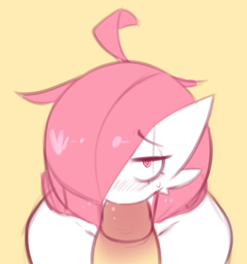 2024 2boys blush blush_lines blushing_at_viewer fellatio femboy frowntown gardevoir gay generation_3_pokemon kissing kissing_penis nintendo oral oral_sex pink_(frowntown) pink_eyes pink_hair pokemon pokemon_(species) simple_background white_body