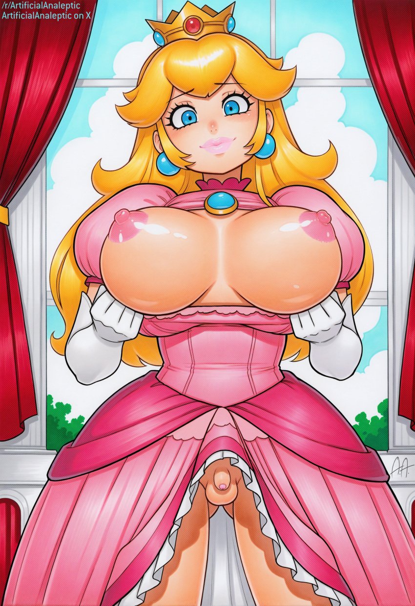 1futa 1futanari ai_generated areolae artificialanaleptic big_areola big_areolae big_areolas blonde_hair blue_eyes blush bolt_on_tits breasts breasts_out_of_clothes breasts_squeezed_together cleavage cleavage_cutout clothing clothing_cutout crown dress earrings elbow_gloves english_text exposed_breasts eyelashes fake_breasts fake_tits female female flaccid futanari giant_breasts gloves headwear heart huge_breasts implants jewelry large_areolae large_areolae large_breasts lips little_penis long_hair looking_at_viewer makeup mario_(series) micropenis nipples penis pink_dress pink_lips princess princess_peach puffy_sleeves shiny_skin small_balls small_penis small_penis_futa small_penis_humiliation smile solo spoken_heart super_mario_bros. testicles tiny_penis v_arms white_gloves