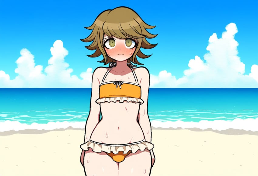 1boy ai_generated beach bikini blush danganronpa danganronpa:_trigger_happy_havoc femboy fujisaki_chihiro looking_at_viewer novelai