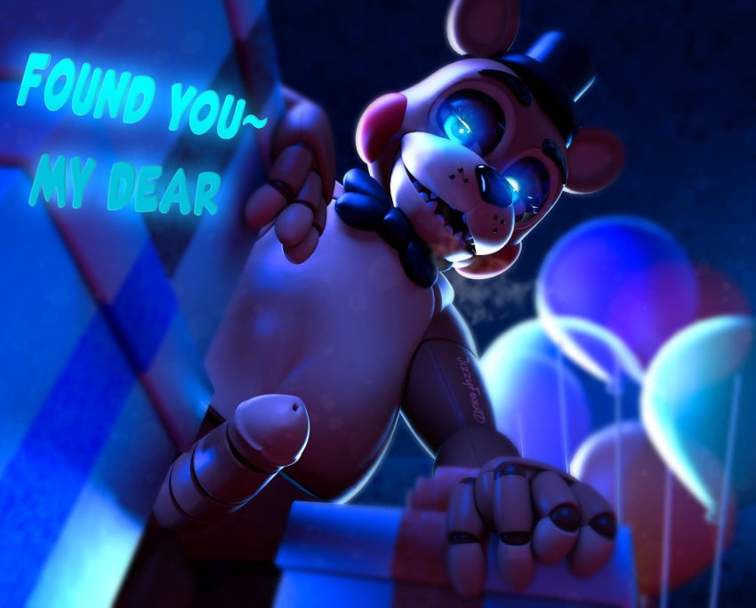 2024 3d_(artwork) animatronic anthro bear big_penis blender_(artwork) blue_eyes bow_tie clothing digital_media_(artwork) english_text erection five_nights_at_freddy's five_nights_at_freddy's_2 genitals hat headgear headwear hi_res humanoid_genitalia jizzyfox looking_at_viewer machine male mammal nude penile penis robot robot_anthro scottgames smile solo steaming text toy_freddy_(fnaf) watermark