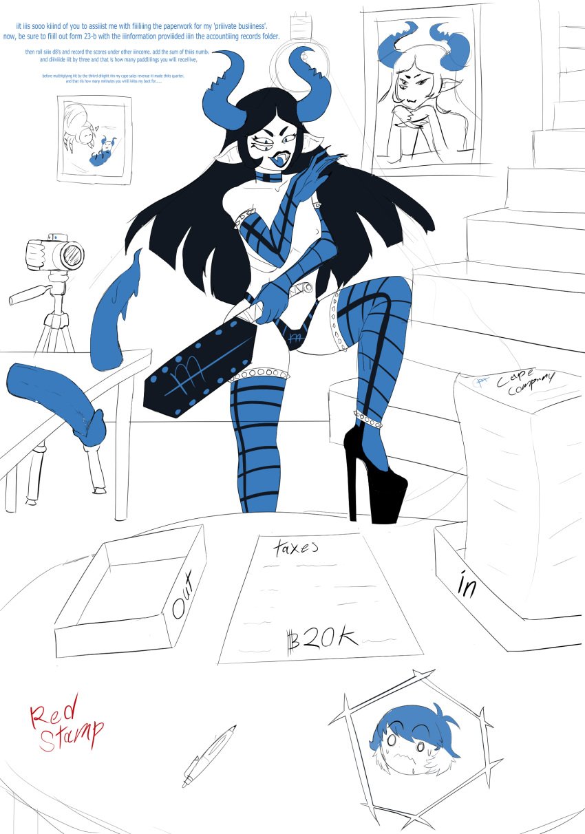 1boy 1girls 3_eyes akiva ardata_carmia black_hair black_lipstick blue_hair camera collar dildo dominatrix english_text fangs femdom heels hi_res hiveswap homestuck horns leggy_(legarch) long_gloves long_hair long_nails looking_at_viewer multi_eye paddle partially_clothed platform_heels punishment sex_toy small_breasts spikes stairs stockings taxes text