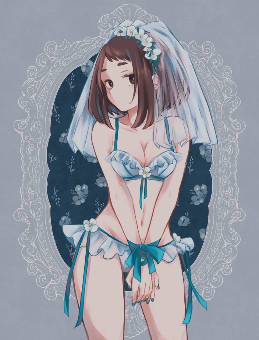 bare_arms bare_belly bare_legs bare_shoulders bare_thighs belly_button bikini blue_nails breasts bridal_veil brown_eyes brown_hair cleavage closed_mouth collarbone frilled_bikini medium_breasts my_hero_academia nail_polish ochako_uraraka ribbon short_hair side-tie_bikini_bottom tabetai_omochi thighs