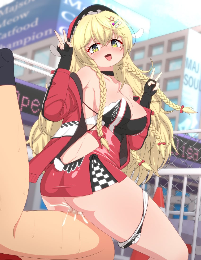 1boy amazon_position ass back_cutout black_bra black_choker black_gloves black_socks blonde_hair blue_sky blurry blurry_background blush bow bra braid breasts building censored chain-link_fence checkered_clothes checkered_skirt choker city cleavage clothed_female_nude_male clothing_cutout cum cum_in_pussy cum_overflow day double_v ejaculation eliisa_(mahjong_soul) female femdom fence fingerless_gloves fujigaya_arctia gloves green_eyes hair_ornament hairbow hat highres jacket large_breasts large_variant_set long_hair long_sleeves looking_at_another looking_back mahjong_soul mosaic_censoring multiple_braids nude open_clothes open_jacket open_mouth outdoors panties panties_around_one_leg penis public_indecency pussy race_queen red_bow red_hat red_jacket red_skirt sex skirt sky smile socks solo_focus star_(symbol) star_hair_ornament straight tenbou textless_version underwear v variant_set very_long_hair white_panties