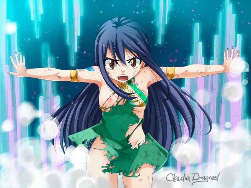 blue_hair breasts claudia_dragneel dress fairy_tail nipples open_mouth tattoo wendy_marvell