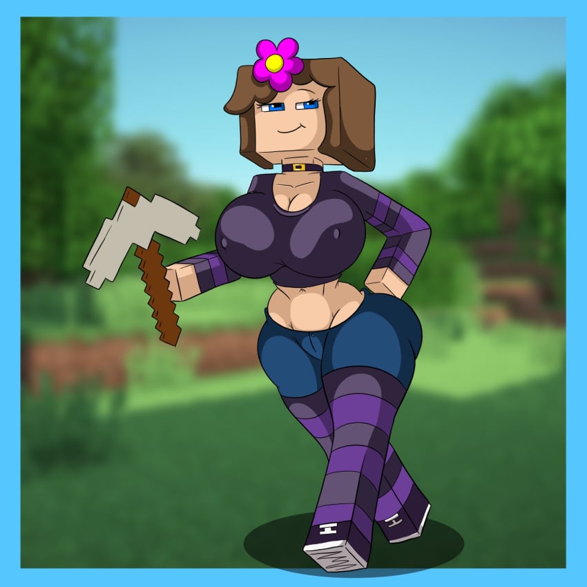 1girls big_breasts blurry_background collar jenny_belle_(slipperyt) minecraft nipples_visible_through_clothing pickaxe striped_legwear tree