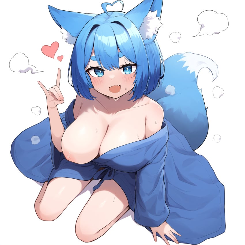 1girls agamou ai_generated aigbrea big_breasts blue_eyes blue_hair fox_ears fox_girl fox_tail heart ineffective_clothing large_breasts looking_at_viewer nipples one_breast_out robe short_hair sitting skin_fang smile steam sweating tagme