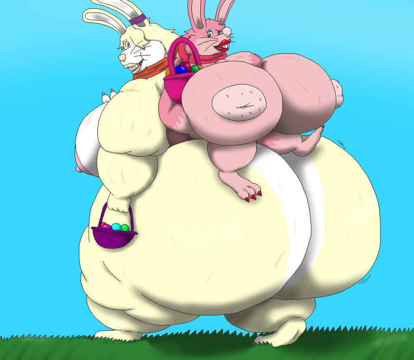 alythewolfcat anthro ass basket big_breasts big_butt bow_ribbon breasts container duo easter easter_basket female fur gesture hand_gesture hi_res holidays huge_breasts huge_butt hyper hyper_breasts hyper_butt lagomorph leporid makeup mammal morbidly_obese nude obese overweight overweight_female pink_body pink_fur rabbit ribbon_only riding_on_back short_stack sibling_(lore) sister_(lore) sisters_(lore) v_sign yellow_body yellow_fur