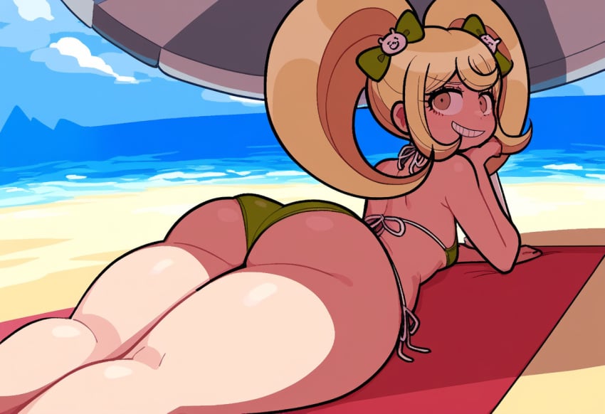 1girls ai_generated artist_request beach big_ass bikini blonde_hair danganronpa danganronpa_2:_goodbye_despair looking_back novelai saionji_hiyoko shortstack small_breasts solo_female swimsuit swimwear thick_thighs