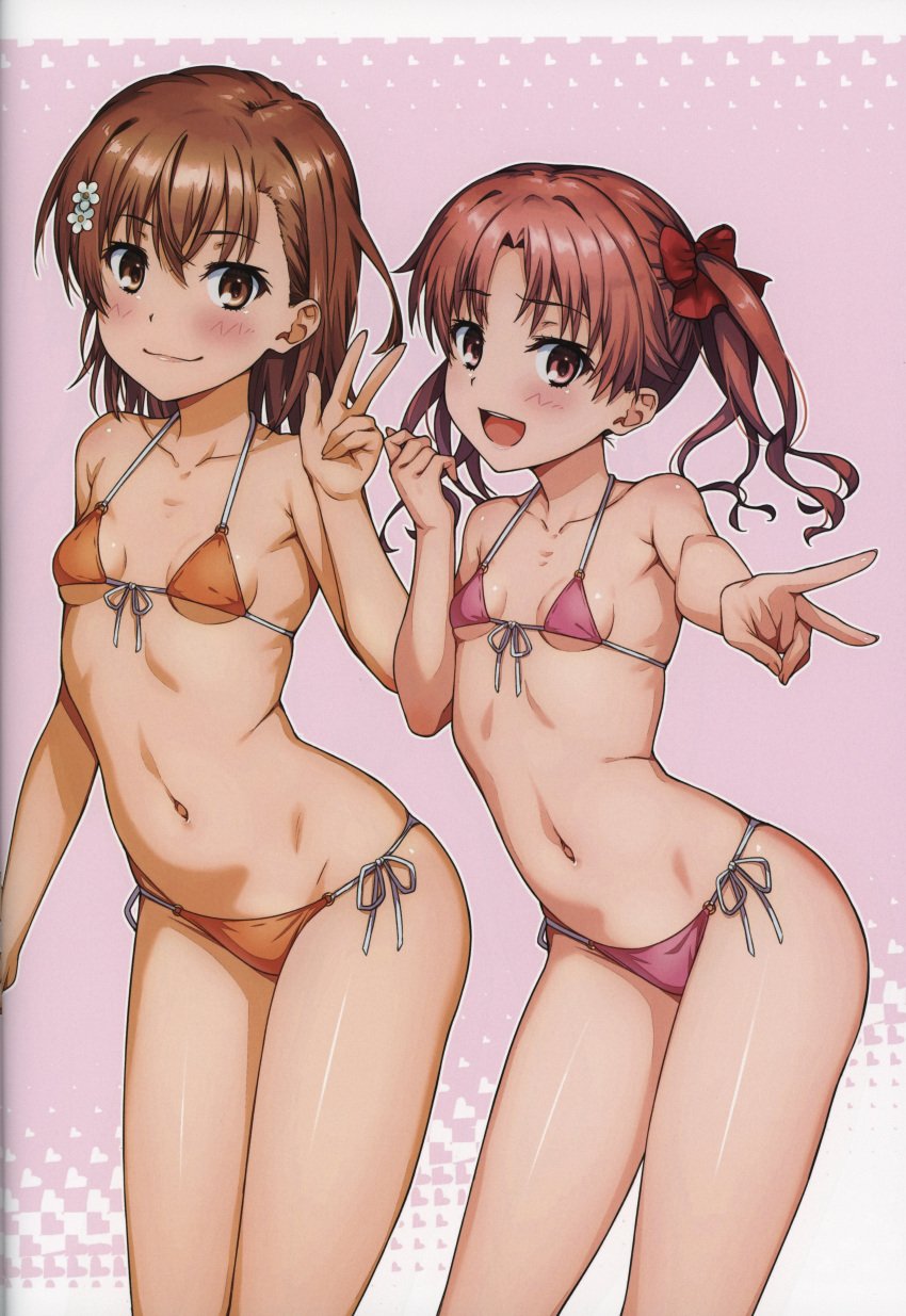 2girls absurd_res absurdres almost_naked almost_nude bare_arms bare_belly bare_chest bare_hands bare_hips bare_legs bare_midriff bare_navel bare_shoulders bare_skin bare_thighs belly belly_button bikini bikini_bottom bikini_only bikini_top blush blush_face blush_lines blushed_face blushing_at_viewer blushing_face blushing_female breasts brown_eyebrows brown_eyes brown_eyes_female brown_hair brown_hair_female cleavage closed_mouth_smile collarbone covered_areola covered_areolae covered_crotch covered_nipples covered_pussy covered_vagina dot_nose elbows exposed exposed_arms exposed_belly exposed_legs exposed_midriff exposed_shoulders exposed_thighs extended_arm eyebrows_visible_through_hair fair_skin female female_focus female_naked female_only fingernails fingers flat_belly flat_breasts flat_chest flat_chested flower flower_hair_ornament flower_in_hair flower_on_head front-tie_bikini front-tie_bikini_top groin hair_between_eyes hair_ornament hair_ornaments hair_ribbon hair_tie hand_sign head_tilt high_resolution highres isshi_pyuma lean_body lean_figure legs legs_closed legs_together light-skined_female light-skinned light-skinned_female light_skin light_skin_female light_skinned light_skinned_female lips long_hair looking_at_viewer micro_bikini misaka_mikoto mostly_nude multiple_females multiple_girls naked naked_female naked_woman narrow_waist navel nearly_nude nude nude_female nudity open_mouth open_mouth_smile orange_bikini orange_bikini_bottom orange_bikini_top orange_micro_bikini orange_string_bikini orange_swimsuit orange_swimwear parted_bangs parted_lips peace_sign petite petite_body petite_breasts petite_female petite_girl petite_tits pink_background pink_bikini pink_bikini_bottom pink_bikini_top pink_micro_bikini pink_string_bikini pink_swimsuit pink_swimwear practically_nude red_hair_ribbon red_hair_tie red_ribbon ribbon shiny_hair shiny_legs shiny_shoulders shiny_skin shiny_thighs shirai_kuroko shoulders side-tie_bikini sideboob sign simple_background skinny skinny_female skinny_girl skinny_waist slender_body slender_waist slim_girl slim_waist small_breasts smile smiley_face smiling smiling_at_viewer smirk smooth_chest smooth_skin standing string_bikini swimsuit swimwear thick_thighs thighs thin_waist tilted_head toaru_kagaku_no_railgun toaru_majutsu_no_index tongue underboob upper_body upper_teeth v v-line v_sign wavy_hair wide_hips