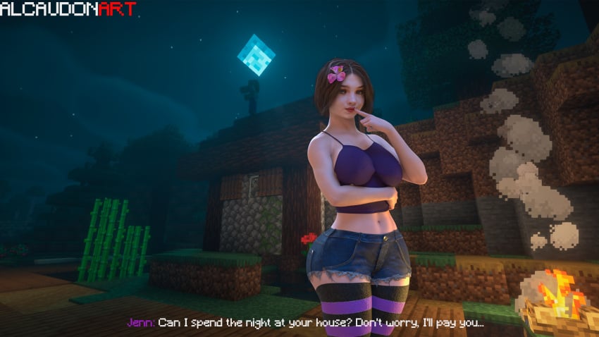 1girls a_minecraft_movie alcaudonart big_breasts campfire crop_top emma_myers flower_in_hair forest house jeans jenny_belle_(slipperyt) looking_at_viewer minecraft striped_legwear talking_to_viewer