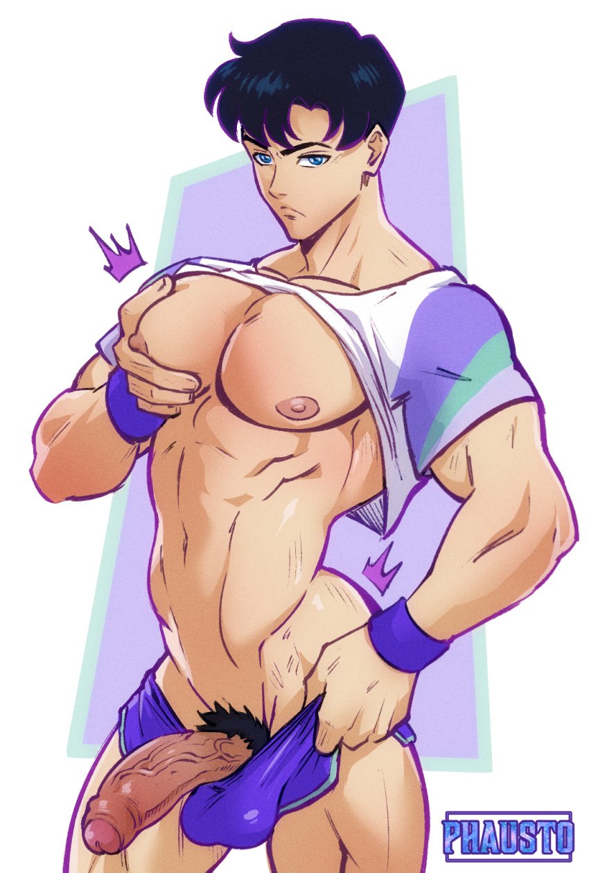 abs bara big_pecs bishoujo_senshi_sailor_moon black_hair blue_eyes clothed clothing crop_top erect_penis erection male male_focus male_only mamoru_chiba muscular muscular_male nipples pants_down pecs penis_out phausto pubes pubic_hair shorts solo solo_male veiny_penis