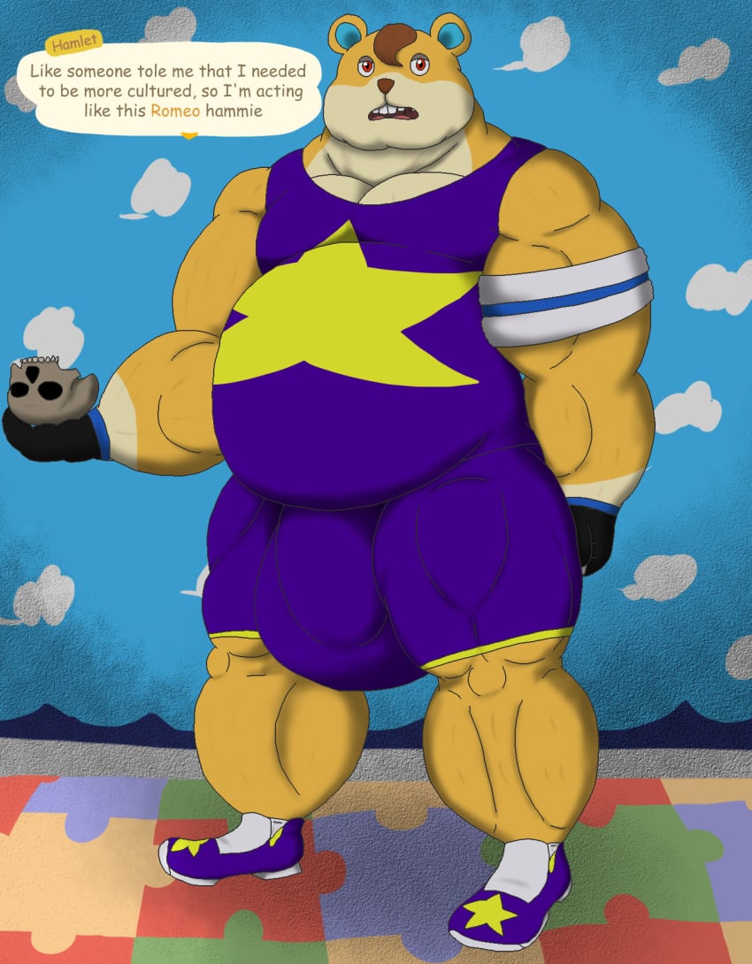 alythewolfcat animal_crossing anthro belly big_belly big_bulge bone bulge cricetid english_text exercise_clothing hamlet_(animal_crossing) hamster hi_res huge_bulge male mammal muscular muscular_male nintendo potbelly rodent skull skull_head solo text