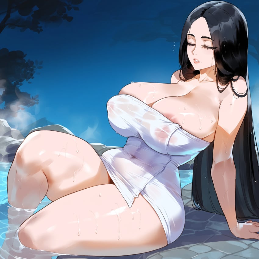 ai_generated bleach closed_eyes creamy_ai curvy hot_spring large_breasts legs_in_water mature_female milf mommy nipples thick_thighs towel unohana_retsu