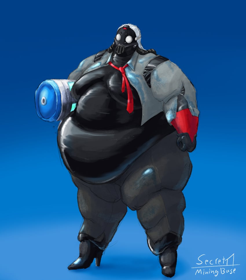 1girls bbw belly_overhang big_breasts black_body black_gas_mask black_pants black_skin bursting_clothes chaos_director_(fortnite) chug_jug fat fist fortnite fortnite:_battle_royale gas_mask gray_suit grey_suit high_heels holding_object mineredgar obese obese_female oh_lawd_she_comin overweight overweight_female red_tie solo straight_hair white_eyes white_hair