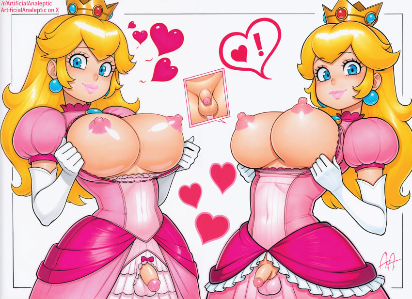 1futa 1futanari ai_generated areolae artificialanaleptic big_areola big_areolae big_areolas blonde_hair blue_eyes blush bolt_on_tits breasts breasts_out_of_clothes breasts_squeezed_together cleavage cleavage_cutout clothing clothing_cutout crown dress earrings elbow_gloves english_text exposed_breasts eyelashes fake_breasts fake_tits female female flaccid futanari giant_breasts gloves headwear heart huge_breasts implants jewelry large_areolae large_areolae large_breasts lips little_penis long_hair looking_at_viewer makeup mario_(series) micropenis nipples penis pink_dress pink_lips princess princess_peach puffy_sleeves shiny_skin small_balls small_penis small_penis_futa small_penis_humiliation smile solo spoken_heart super_mario_bros. testicles tiny_penis v_arms white_gloves