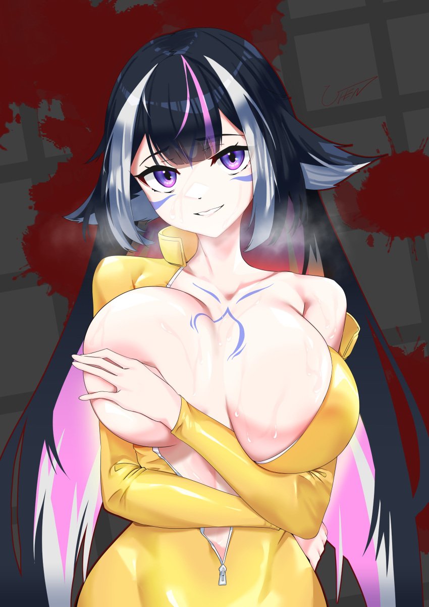 1girls big_breasts black_hair bodysuit breasts female female_only huge_breasts indie_virtual_youtuber light-skinned_female light_skin orca_girl purple_eyes shylily shylily_(kill_lil) solo sweat two_tone_hair uhen unzipped unzipped_bodysuit virtual_youtuber white_hair yellow_bodysuit