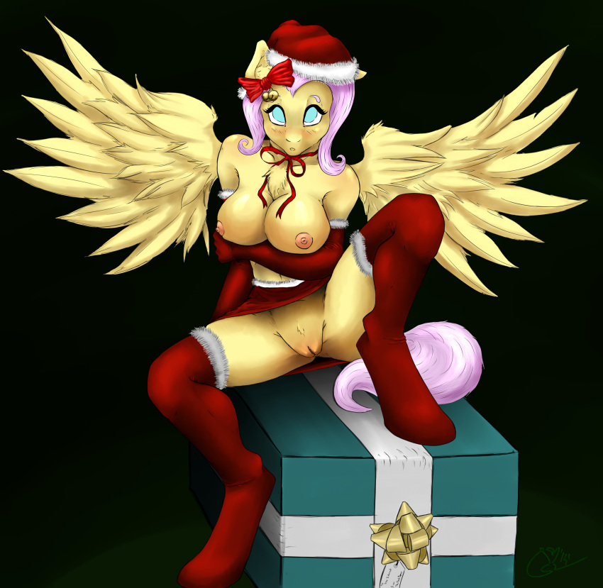 2014 absurd_res anthro anthrofied areola armwear blush breasts chest_tuft christmas clothed clothing elbow_gloves equine feathered_wings feathers female fluttershy_(mlp) friendship_is_magic gloves hair hair_ribbon hairbow hat hi_res holidays legwear long_hair looking_at_viewer mammal my_little_pony nipples pegasus pink_hair pussy ribbons santa_hat skimpy solo spread_legs spreading stockings straight_hair thehashbaron topless tuft wings yellow_feathers