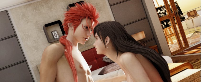 3d bedroom female final_fantasy final_fantasy_vii final_fantasy_vii_remake human human_only itsrenobitch light-skinned_female light-skinned_male light_skin long_hair male male/female red_hair reno shirtless shirtless_male spiky_hair square_enix straight suggestive tifa_lockhart topless yohikoymi