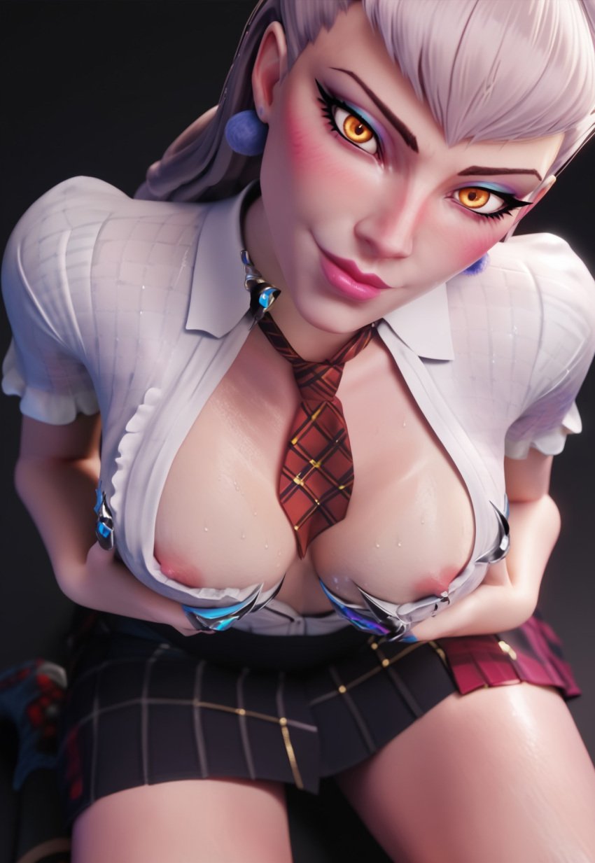 3d ai_generated areolae blouse_lift enji3d evelynn league_of_legends medium_breasts nipples open_blouse skirt white_hair