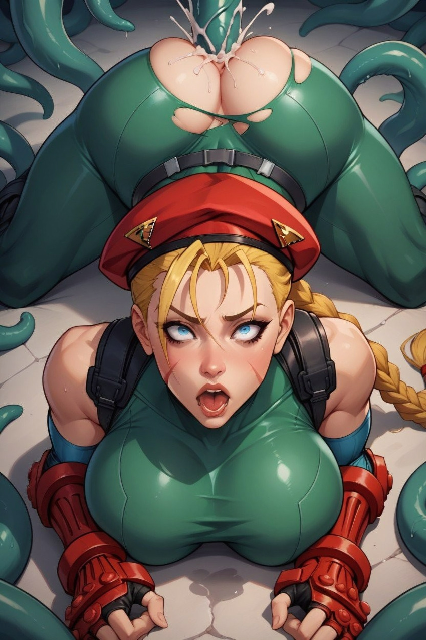 1girls ahe_gao ai_generated anal anal_sex beret big_ass big_breasts blonde_hair blue_eyes braided_hair cammy_white cum cum_in_ass female fucked_from_behind ripped_clothing scar street_fighter tagme tentacle tentacle_in_ass tentacle_sex wide_eyed