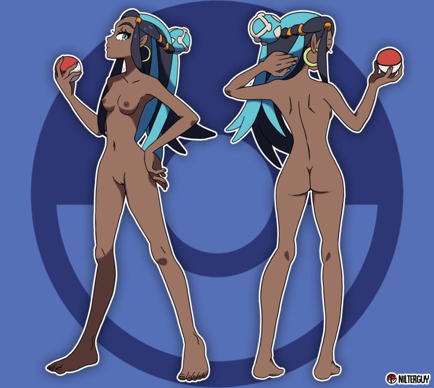 1girls accurate_art_style ass barefoot blue_eyes breasts dark-skinned_female dark_skin earrings feet female female_only hair_ornament hand_on_hip hoop_earrings multiple_views nessa_(pokemon) nipples nudefilterguy official_artwork_edit official_style pokeball pokemon pokemon_ss pussy shaved_pussy solo solo_female